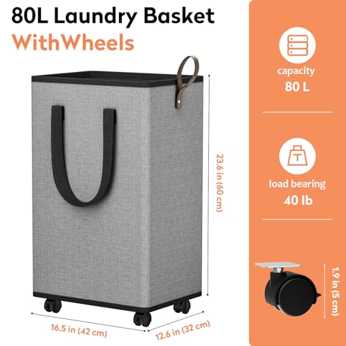 SpaceTrove Laundry Basket with Wheels, Collapsible Laundry Baskets, Laundry Hamper with Handles Detachable Wheels, Rolling Laundry Basket, Dirty Clothes Hamper for Bathroom, Dorm, Bedroom, Grey, 80L - color: Grey, size: 80L