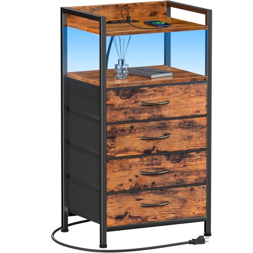 Furnulem Night Stand with Charging Station and Led Light, 4 Drawer Dresser for Bedroom, Small Nightstand Bedside Table, Fabric Bins, Metal Frame, Wood Shelf, Side Furniture(Rustic Brown) - color: Rustic Brown, style: 4 Drawer