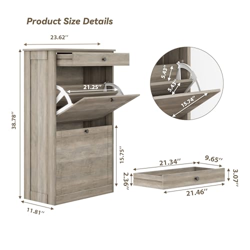 FTZxHKLX Shoe Cabinet with 2 Flip Drawers, Narrow Freestanding Shoe Storage Organizer, Slim Wooden Hidden Shoe Rack for Front Door Entrance, Closet, Hallway, Living Room, Rustic Gray - color: Rustic Gray, size: 1pcs