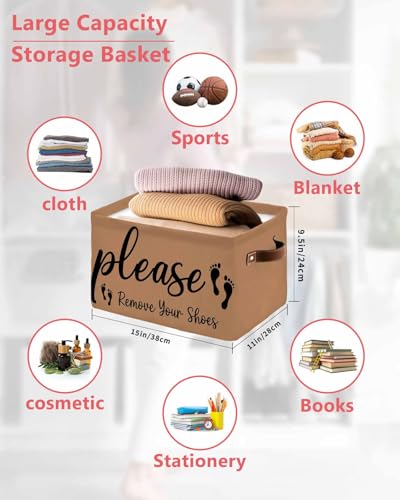 Please Remove Your Shoes Storage Basket Waterproof Cube Storage Bin Organizer with Handles, Farmhouse Brown Collapsible Storage Cubes Bins for Clothes Books Toys 15"x11"x9.5"
