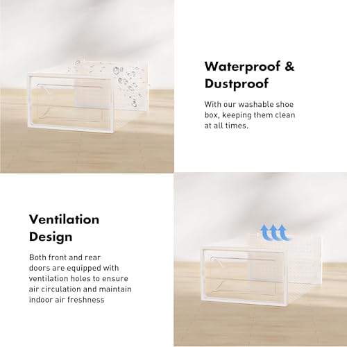 Foluck Shoe Storage Box, 15 Pack Clear Plastic Stackable Shoe Organizer for Closet, Interlocking Design Shoe Container Bins for Sneakers, Foldable Shoe Rack with Lids, White - color: White