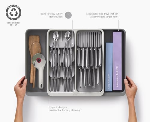 Joseph Joseph DrawerStore Expanding Tiered Flatware Cutlery Tray with Knife Organizer, Expandable In-Drawer Space-Saving Kitchen Storage, Recycled Plastic - size: Large, style: Flatware & Utensils Organizer