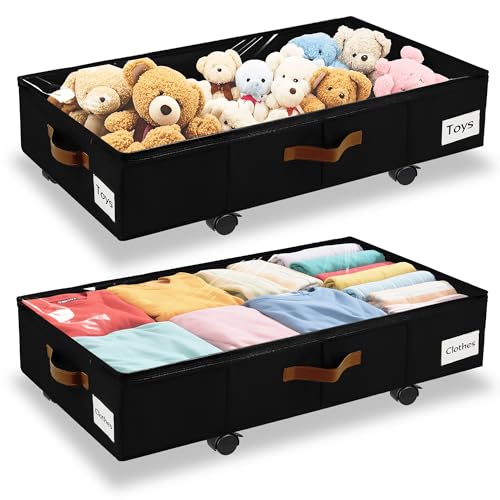 Under Bed Storage with Wheels,Underbed Storage with Sturdy Sidewalls/Bottom, Clear Cover, Label and PU Handle, Rolling Under Bed Drawers for Clothes, Shoes, 6.5 Inch Height,Black, 2 Pack - color: Black 2 Pack, size: 6.5 inch