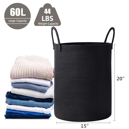 60L Black Woven Cotton Rope Laundry Hamper Basket for Clothes Tall Modern Blanket Storage Basket in Living Room Bedroom 15Dx20H inches - color: Black, size: Large (60L)