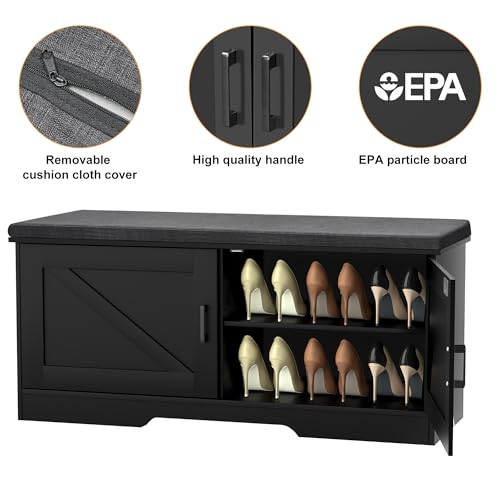 HOMSHO 2-Tier Storage Bench, 39.4" Wide Shoe Bench with Padded Seat Cushion, Entryway Bench with 2 Barn Doors and Adjustable Shelf, Black - color: Black, size: 39.4" Wide