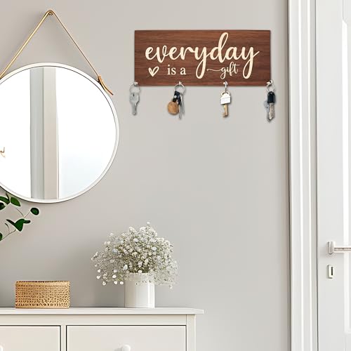 Everyday is A Gift Wooden Key Holder for Wall - 5"x10" Key Organizer Hanger with 4 Hooks for Home Front Door Hallway Entryway Kitchen - Home Office Decor & Housewarming Gifts Supplies - A04 - color: Everyday Is A Gift