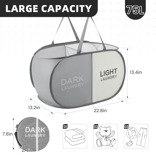 TECHMILLY Collapsible Laundry Basket Durable Pop Up Hamper with 2 Compartments for Sort and Storage, Portable Dirty Clothes Hamper for Dorm, Laundry Room or Travel (Grey + Begie) - color: Grey + Begie, size: 1 Pack