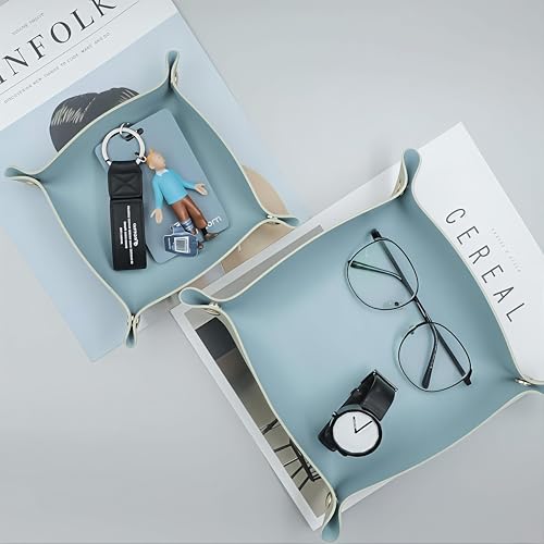3 Size Leather Valet Tray Organizer, Folding Travel Organizer,Jewelry Tray, For Travel, Home Or Office | Plain Weave, Double Complexion - Blue & Green