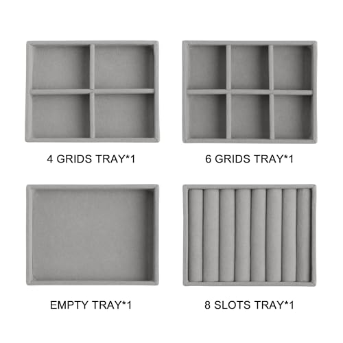 Frebeauty Small Jewelry Tray Set,Stackable Velvet Jewelry Organizer Tray,Mini Jewelry Drawer Organizer,Drawer Inserts,4.92 x 3.74 x 0.9 Inches,Earring Organizer for Women(Set 4,Grey) - color: Grey, size: Set 4