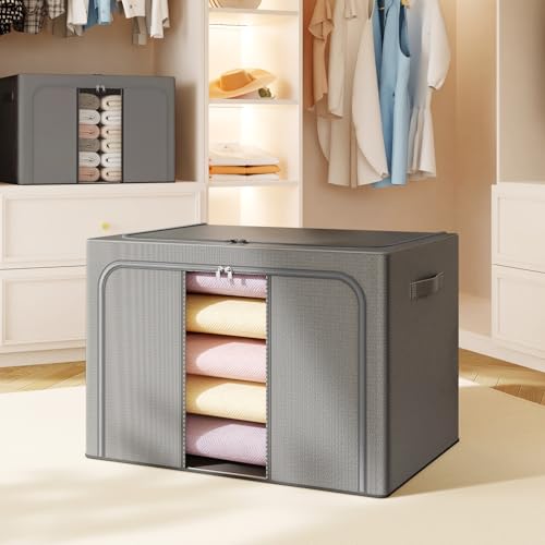 Clothes Storage Bins with Metal Frame, Foldable Clothes Organizers Storage Containers for Clothes, Sheets, Blankets, Pillows and Towels (24L, 3 Pack, Deep Grey) - color: dark gray, size: 24L（15.7“X11.81"X7.87")