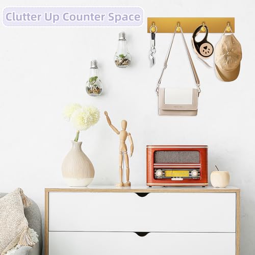 VIS'V Key Holder Wall Mount, Large Metal Self Adhesive Key Hanger with 4 Hooks, No Drilling, Extra Adhesive Strip, Gold - color: Gold