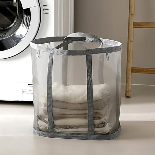 Mesh Bag with Handles, Collapsible Laundry Basket, Foldable Laundry Bag, Breathable Folding Beach Bag,Space-saving Travel Tote Bags (1, Grey) - color: Grey