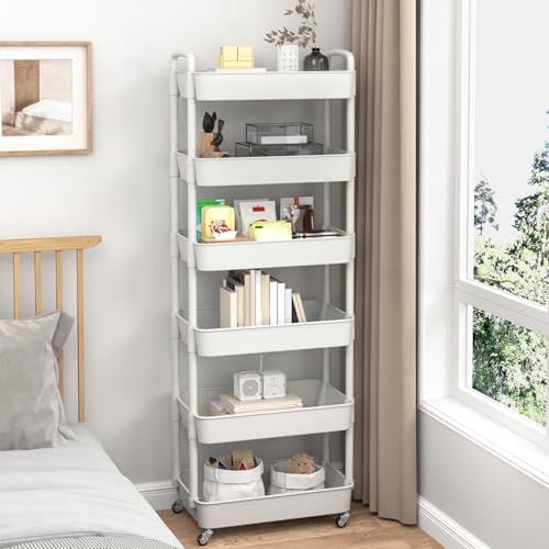 Sywhitta 6-Tier Plastic Rolling Utility Cart with Handle, Multi-Functional Storage Trolley for Office, Living Room, Kitchen, Movable Storage Organizer with Wheels, White - color: White, size: 6-tier