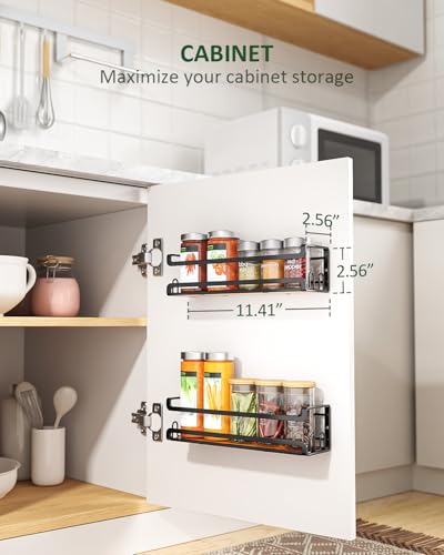 Doakhirmit 4 Pack Wall Mount Spice Rack with 16 Hooks,Hanging Spice Rack Organizer for Stove Cabinet Pantry Door, Screw or Adhesive Wooden Spice Shelf for Kitchen and RV Camper, Black - size: 4 Pack