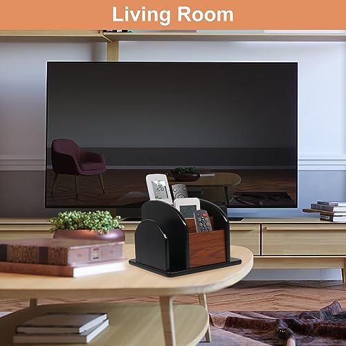 Coideal Remote Control Holder Caddy - Wooden Rotating Coffee Table Organizer Large Spinning Wood Remote Holder for Living Room Office (6 Compartments, Brown & Black) - size: 6 compartments
