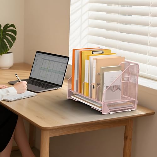 Desk File Folder Holder Organizer-5 Vertical Compartments Racks and Paper Letter Tray,Mesh Magazine File Holder Sorter,Desktop Accessories & Workspace Organizers for Home,Office,School-Pink - color: 5 Compartments-pink