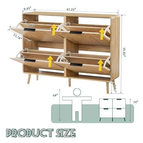 FurSch 47" Fluted Large Shoe Cabinet with 4 Flip Drawers, Slim Freestanding Shoe Cabinet Organizer, Narrow Shoes Storage Rack for Entryway, 5 Sturdy Legs (All Natural, 9.45" D x 47.24" W x 35.83" H) - color: All Natural, size: 4 Drawers