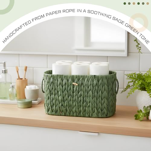 Kathfly Sage Green Toilet Paper Storage Basket with Lid Wicker Woven Bathroom Basket Toilet Paper Holder Holds up to 6 Mega Rolls Woven Organizer for Home Bathroom Kitchen Offices - style: Classic Style