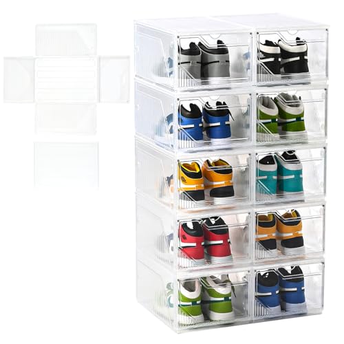 Large Shoe Boxes Clear Plastic Stackable，Drop Front Shoe Box with Clear Door, Shoe Containers For Sneaker Display,Fit up to US Size12 (white clear-Conjoined structure, 10 pack) - color: white clear-Conjoined structure, size: 10 pack