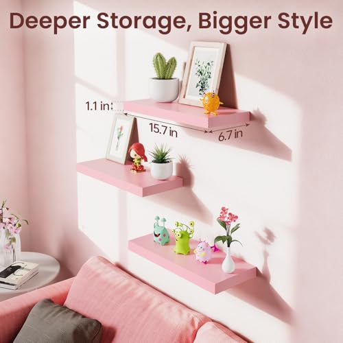 BAYKA Pink Floating Shelves for Wall Set of 3, 15.7in Wood Wall Shelves for Bathroom, Bedroom, Living Room Decor Organize, Hanging Shelf for Books/Storage/Display with 22lbs Capacity - color: D. Pink - Romantic & Sweet Style, size: 15.7inches