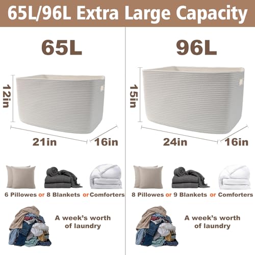 JMvicyroam Woven Blanket Basket,65L Large Storage Bin for Blankets Toys Clothes,Decorative Rope Basket for Living Room Bedroom with Handles, White - color: White, size: 65L
