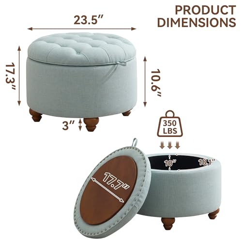 WUTUTUEE 24Inch Round Storage Ottoman with Tray, Modern Tufted Fabric Circle Coffee Table with Storage, Upholstered Ottoman with Removable Top for Living Room, Bedroom, Light Blue - color: Blue, size: 24 Inch