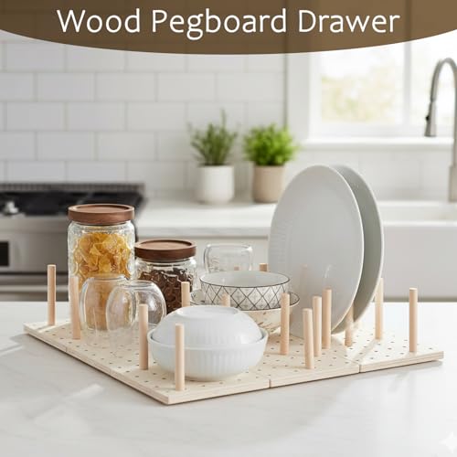 6 Pcs Wood Pegboard Drawer Organizer with 48 Pegs, Wooden Peg Board Drawer Shelf Organizer Adjustable Peg Drawers Organizers for Kitchen Dishes Plate Pegboard Food Containers(17x5.91, Wood)