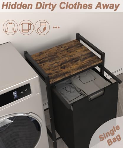 14.5 Gal Large Laundry Hamper with Wheels, Pull-Out & Removable Sorter Bags, Freestanding Clothes Basket Organizer for Clothing or Toys in Bathroom and Living Room, Rustic Brown and Black - size: 1 Section with wheels