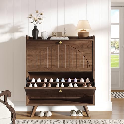 Decofy 37.6” Shoe Cabinet with 2 flip-Down Drawers, Three Adjustable Levels, Suitable for entryway, Hallway, and Living Room (Walnut) - size: 2 Flip-Down