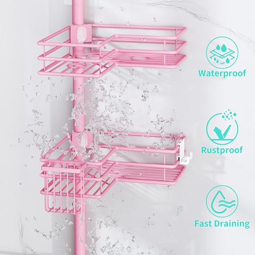 HapiRm Corner Shower Caddy Organizer - Shower Organizer Corner with Soap Holder, Toothbrush Holder and 4 Hooks, Rustproof Bathroom Shelf Tension Pole Available for 27.6 to 108.3 Inch - Pink - color: Pink