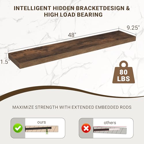 Acovy 48 Inch Floating Shelves, 48"x9.25"x1.5" Inch Deep Floating Shelves for Wall, Wooden Shelves for Bathroom, Bedroom, Living Room, Brown, 1 Piece - color: Brown, size: 48"x9.25"-1pc