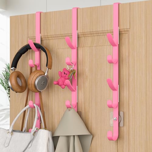 Over The Door Hooks, Metal Door Hooks for Hanging, Over The Door Purse Organizer for Coat Hanger, Back of Shower Door for Hanging Towel Rack Clothes, Hat, Bathroom, Closet (Pink-3Packs) - color: Pink, size: 3 Pack