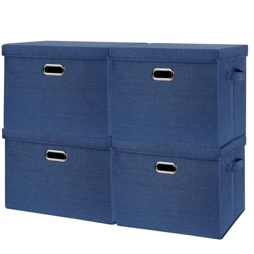SNWDN 4 Pack Collapsible Fabric Storage Bins with Lids Fabric storage box with lids for closet organizers and storage (Dark Blue 14.6x10.6x10.2 inches) - color: Dark Blue, size: Medium（4-Pack 14.6*10.6*10.2 Inches）