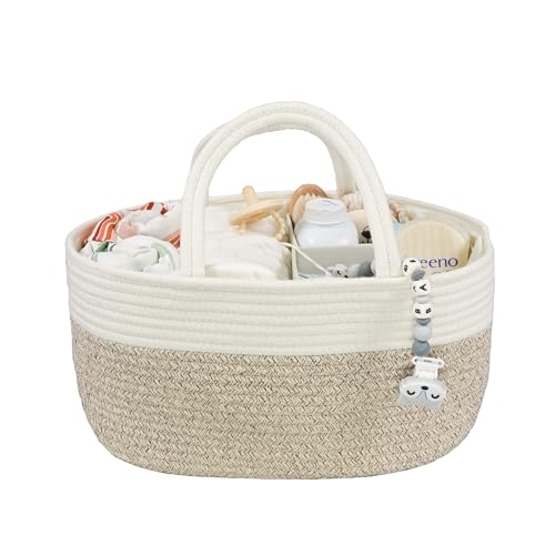 Large Baby Diaper Caddy Organizer for Girl Boy Rope Nursery Storage Bin Basket Portable Holder Tote Bag for Changing Table Car Travel Baby Shower Gifts Newborn Registry Must Haves White and Brown - color: white and brown, size: Large