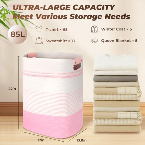 AINUOQI Laundry Basket with Handles - Blanket Basket & Hampers for Bedroom Aesthetic, Laundry Hamper & Blanket Storage for Living Room, Clothes Hamper, Tall, Large 17" x 14" x 22”, Pink & White - color: Pink & White, size: 85L