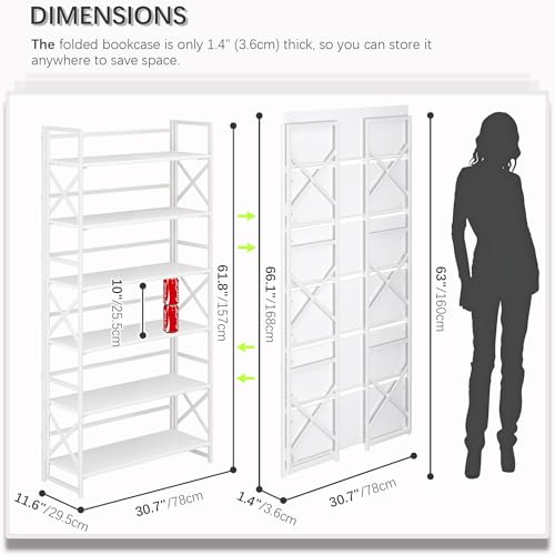 4NM Extra Wide 6 Tiers No Assembly Book Shelves, 61.8" H Folding Bookshelf Bookcase Open Industrial Foldable Shelves for Bedroom, Living Room, Home Office - All White - color: All White, size: Wide XX 6-Tier