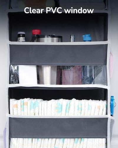 ULG 1 Pack Over Door Organizer with 5 Large and 10 Mesh Side Pockets, 44 lbs Weight Capacity Hanging Storage with Clear Window Kids Toys, Shoes, Diapers, Dark Grey, 5 Layers - color: Dark Grey, size: 1 Pack-5 Tier