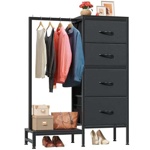 HIGDBFE Dresser with Hanging Rack, 4 Drawers Small Closet for Bedroom, Reversible Fabric Kids Chest of Drawers with Clothes Rack, Tall Storage Tower, Sturdy Frame, Black, 44''H - color: Black