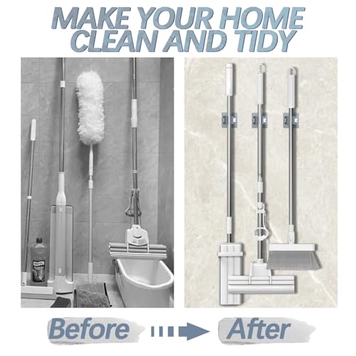3-H 40-Pack Self Adhesive Broom Holder Wall Mount - Heavy Duty No Drill Broom Organizer for Garage Closet Kitchen, Plastic Storage Rack for Brooms Mops Tools, Grey - color: Grey, size: 40