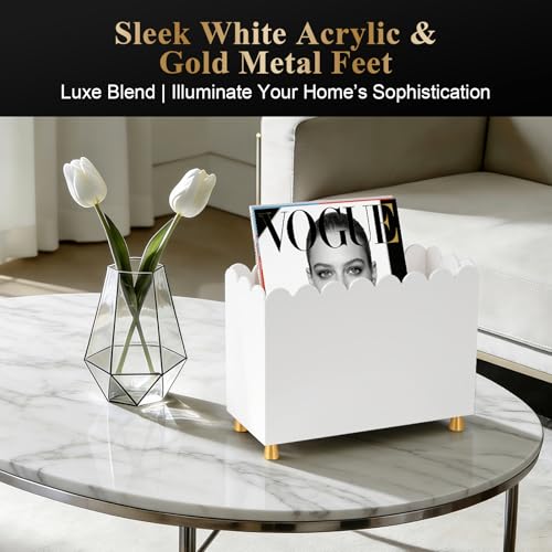 Acrylic Magazine Holder, Magazine Rack Floor,Sleek White Stylish Organizer with Luxe Gold Metal Feet and Wave Edge Design Space Saving Storage for Books Newspapers Office Supplies,Home Office(White) - color: White