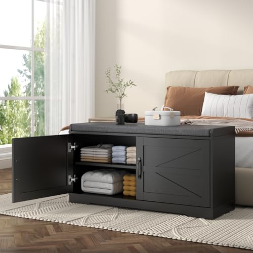 Loomie Shoe Storage Bench, 2-Tier Farmhouse Entryway Bench with Padded Seat Cushion, 13.78" D x 39.37" W x 19.69" H, Slim Shoe Cabinet Bench for Entryway, Living Room, Bedroom (Black) - color: Black