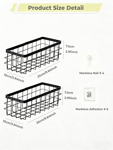 Hanging Wire Storage Baskets, Metal Small Wire Wall Organizer, Adhesive Wall Storage Shelves for Kitchen, Bathroom Pantry (Spice Rack, Cabinet Organizer, Shower Caddy) Black-2 Packs - color: Black