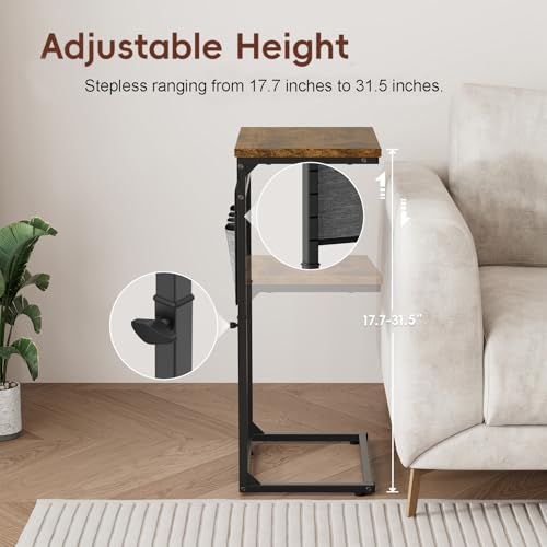 Vagusicc C Shaped End Table, Small Side Table for Couch, Adjustable Height Sofa Table with Metal Frame for Living Room, 33'' Tall Side Table for Couch, Bedroom, Bedside, Rustic Brown and Black - color: Rustic Brown