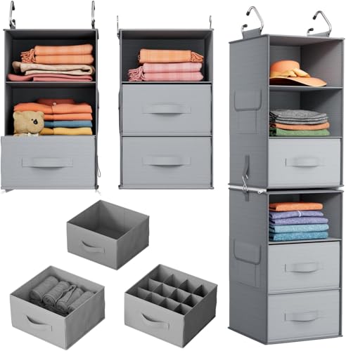 Pipishell 6-Shelf Hanging Closet Organizer with 2 Separable 3-Tier Shelves, 3 Drawers & Side Pockets Closet Organizers and Storage for Wardrobe Organization and Nursery Clothes Organizer, Gray - color: Grey