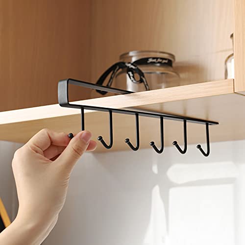 Cup Holder Under Cupboard,Kitchen Under Cabinet Utensils Hanging Hooks Rack, Drilling Free Cabinet Door Hanging Hook Rack,6 Hooks Kitchen Storage Utensil Organizer Hook Rack,2 Pack (Black) - color: Black 2pcs