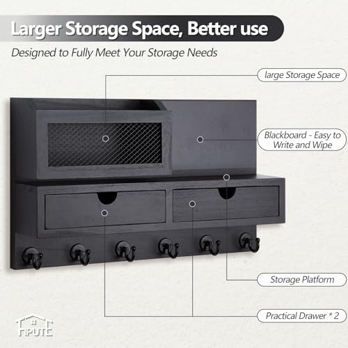 Key Holder for Wall, Key and Mail Holder for Wall with Storage Drawer, Entryway Rustic Home Decor, 3 Liquid Chalks & Chalkboard, 15.98”W x 9.1”H x 3.3”D, Black - color: Black