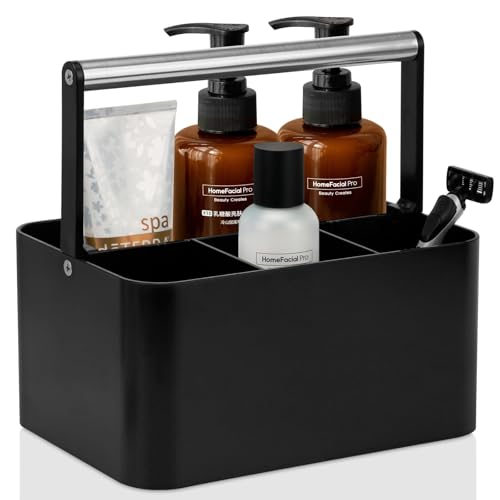 BYUNER Black Shower Caddy Portable: Plastic Bathroom Caddy Countertop,Cleaning Caddy Organizer with Handle,Utility Hard Shower Basket Storage Tote for Toiletry,College Dorm Room Essential for Guys/Men - color: Black / Silver Handle