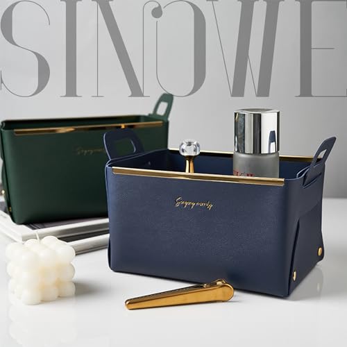 Decorative Faux Leather Basket,Small Catchall Basket for Entryway Bedside Dresser End table,Collapsible Rectangle Tray Organizer Box,Navy Blue,2-Pack - color: Navy Blue(2-Pack)