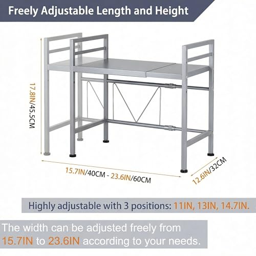 PUSDON Expandable Microwave Oven Rack, 2-Tier Countertop Baker's Rack Style Shelf, Heavy Duty Stand with 3 Hooks, 160lbs Capacity Stainless Steel Appliance Match, Silver Gray - color: Silver Grey, size: H-frame 2 tier