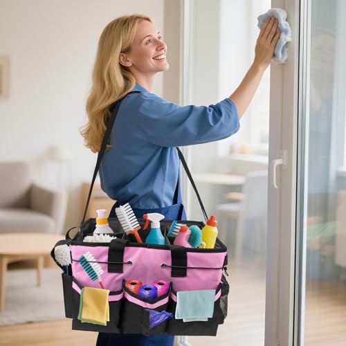 ZKOO Large Cleaning Caddy Bag with Handle, Built-in Sturdy Support Board, Adjustable Shoulder Strap, Multi-compartment Design Cleaning Supply Tote for Cleaners & Housekeepers (Pink) - color: Pink
